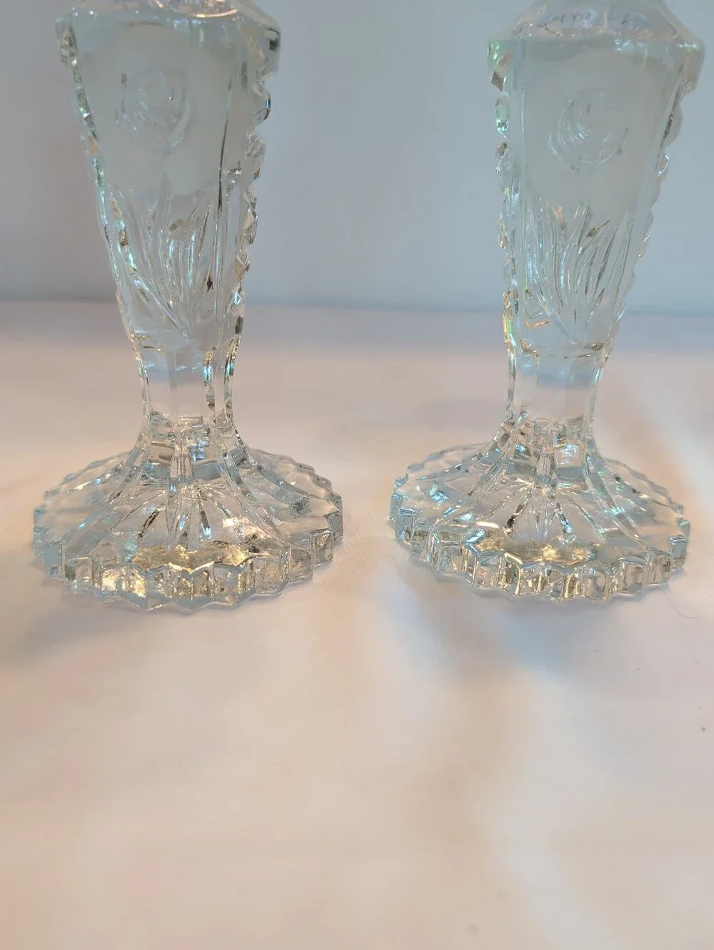 Candlesticks Pair Heavy Crystal Frosted Roses Hofbauer Germany Vintage 7.5
